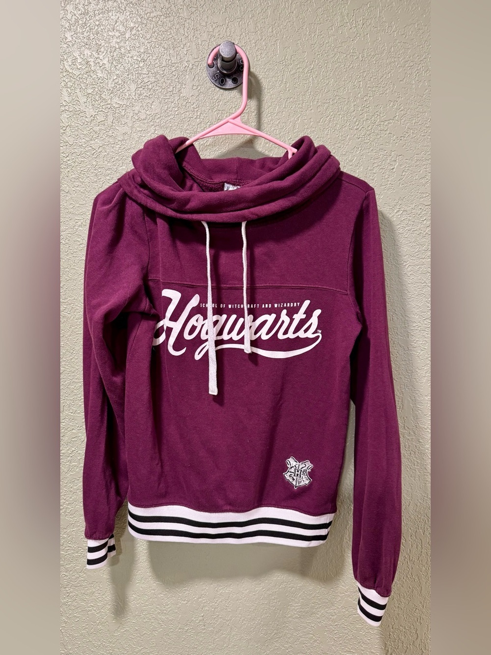 Hogwarts Pullover Hoodie in Plum with White Trim Size XS